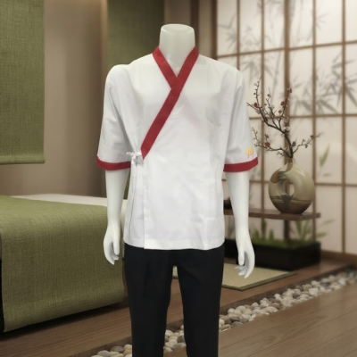 เสื้อเชฟญี่ปุ่น สีขาวกุ๊นแดง