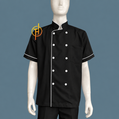 เสื้อกุ๊กสากล สีดำกุ๊นขาวแขนสั้น ผ้าดีวาย  ( DY  Fabric )