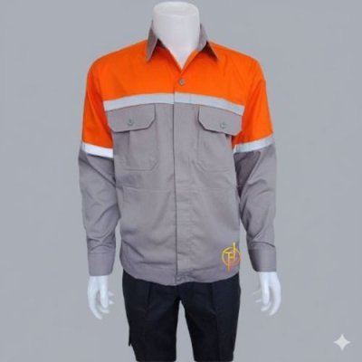 เสื้อช็อป แขนยาว สีเทา ต่อบ่าส้ม