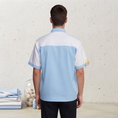 เสื้อช็อปสีฟ้าต่อบ่าสีขาว แขนสั้น ผ้าดีวาย