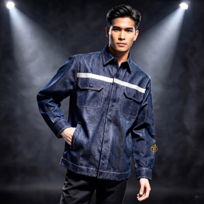 เสื้อช็อปยีนส์ สีกรม ติดแถบสะท้อนแสง