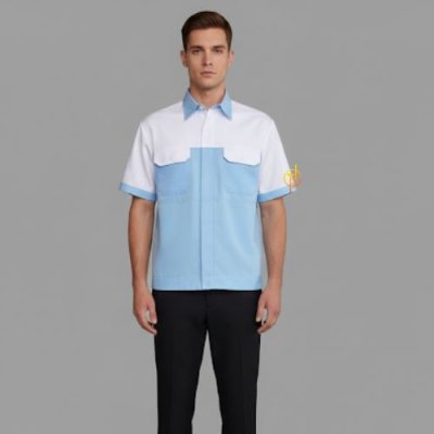 เสื้อช็อปสีฟ้าต่อบ่าสีขาว แขนสั้น ผ้าดีวาย