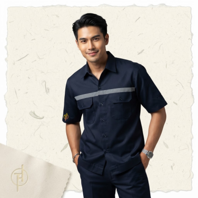 เสื้อช็อป แขนสั้นสีกรม ผ้าคอมทวิว