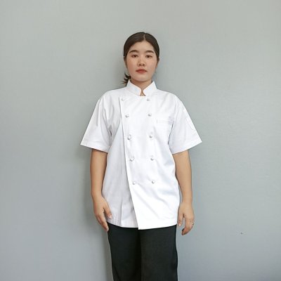 เสื้อกุ๊ก สากล คอจีน แขนสั้น สีขาวกระดุมถอดได้