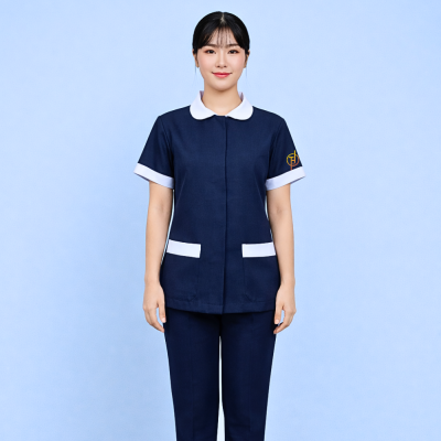 เสื้อแม่บ้าน คอบัว สีกรมแต่งปกสีขาว