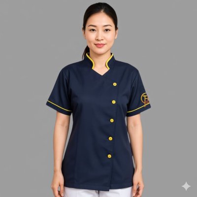 เสื้อแม่บ้าน คอจีน ป้าย สีกรม กุ๊นเหลือง