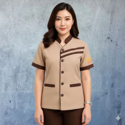 เสื้อแม่บ้าน คอจีน สีน้ำตาล แต่งน้ำตาลเข้ม