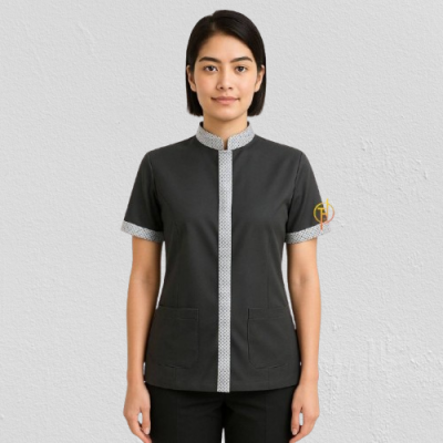 เสื้อแม่บ้าน คอจีน แต่งผ้าลายตาราง