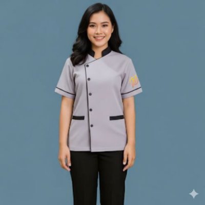 เสื้อแม่บ้าน คอจีนป้าย สีเทาแต่งกรม