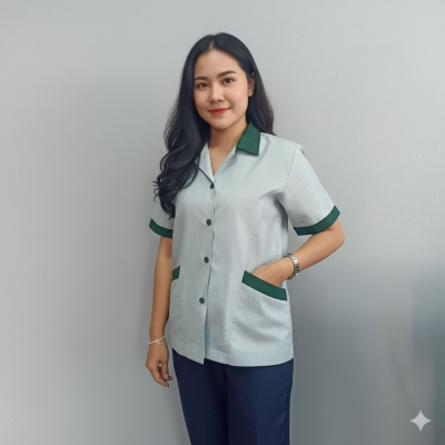 เสื้อแม่บ้าน คอฮาวาย ลายริ้วเขียว เสื้อแม่บ้าน คอฮาวาย ลายริ้วเขียว