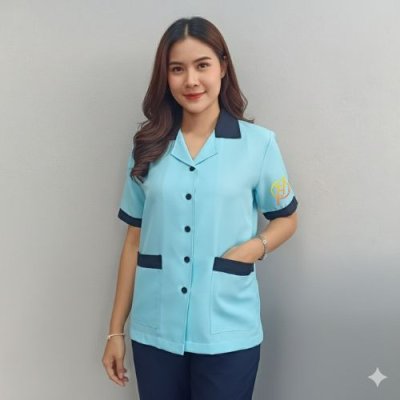 เสื้อแม่บ้าน คอฮาวาย สีฟ้า