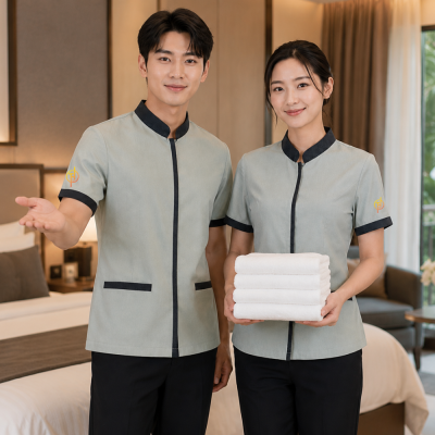 เสื้อแม่บ้านคอจีน สีเทาอมเขียวแต่งดำ