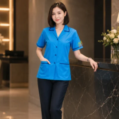 เสื้อแม่บ้าน คอฮาวาย สีฟ้าเข้ม