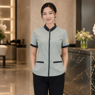 เสื้อแม่บ้านคอจีน สีเทาอมเขียวแต่งดำ