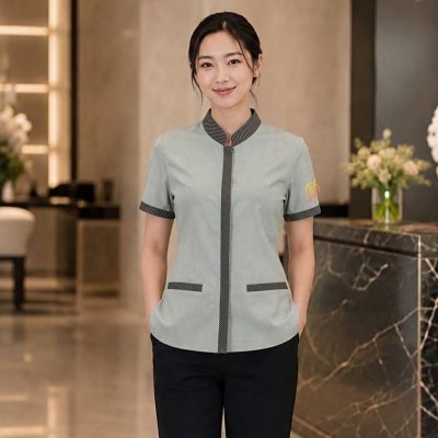 เสื้อแม่บ้านคอจีน สีเทาอมเขียวแต่งดำ