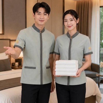 เสื้อแม่บ้านคอจีน สีเทาอมเขียวแต่งดำ