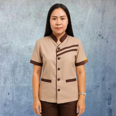เสื้อแม่บ้าน คอจีน สีน้ำตาล แต่งน้ำตาลเข้ม