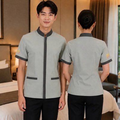 เสื้อแม่บ้านคอจีน สีเทาอมเขียวแต่งดำ