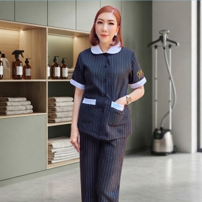 เสื้อแม่บ้านคอบัว สีดำ ลายริ้วขาว