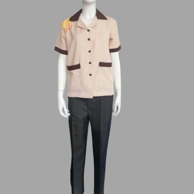 เสื้อแม่บ้านคอฮาวาย สีครีมแต่งปกน้ำตาลเข้ม เสื้อแม่บ้านคอฮาวาย สีครีมแต่งปกน้ำตาลเข้ม