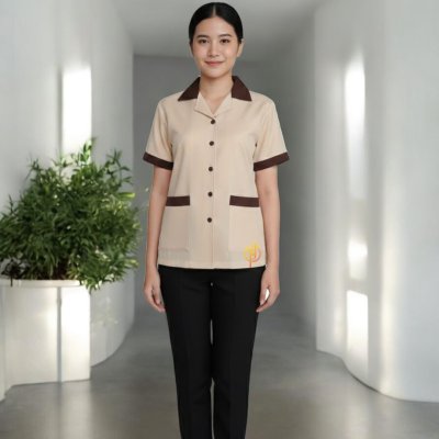 เสื้อแม่บ้านคอฮาวาย สีครีมแต่งปกน้ำตาลเข้ม