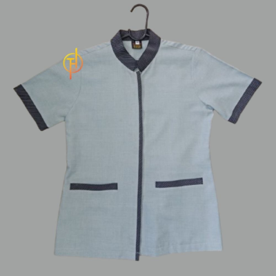 เสื้อแม่บ้านคอจีน สีเทาอมเขียวแต่งดำ