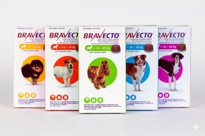 Bravecto บาเวคโต้ เม็ดเคี้ยวกำจัดเห็บหมัด 5 ขนาด (กล่อง 1 เม็ด) ของแท้