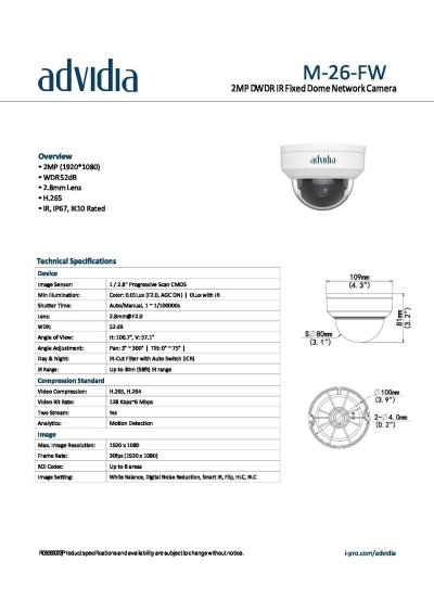 M-26-FW 2MP DWDR IR Fixed Dome Network Camera