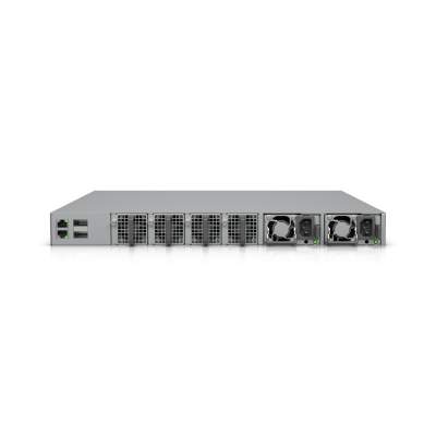 ECS-48S-PoE (2150W) Enterprise Campus 48S PoE Layer 3 Etherlighting switch rear view with redundant PSU, cooling fans, 10GbE and 25G SFP28 uplinks for high availability networks