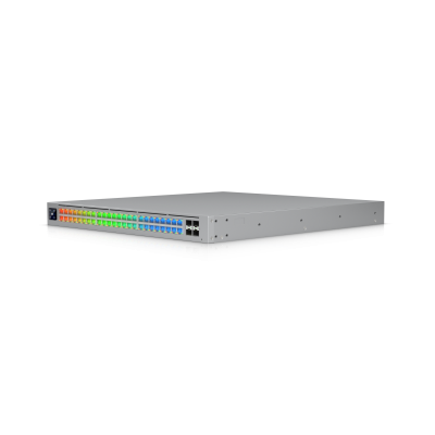 ECS-48S-PoE (2150W) Enterprise Campus 48-port Etherlighting PoE+++ Layer 3 switch angled front view with 10GbE RJ45 and 25G SFP28 uplinks for high availability networks