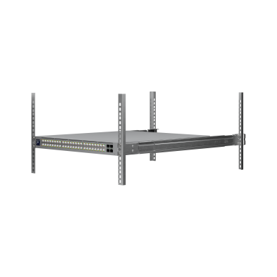 ECS-48S-PoE (2150W) Enterprise Campus 48-port Etherlighting PoE+++ Layer 3 switch installed in rack mount rails for enterprise network deployment
