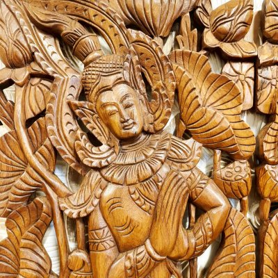Apsara in Wai Posture on Elephant Wood Carving Panel Pair (120 cm)