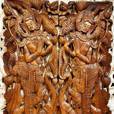 Apsara in Wai Posture on Elephant Wood Carving Panel Pair (120 cm)