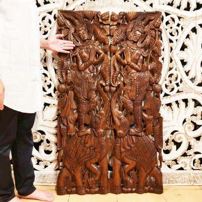 Apsara in Wai Posture on Elephant Wood Carving Panel Pair (120 cm)