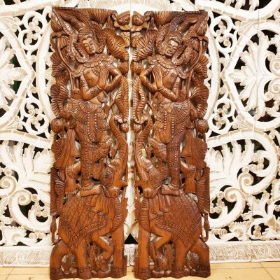 Apsara in Wai Posture on Elephant Wood Carving Panel Pair (120 cm)