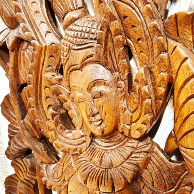 Apsara in Wai Posture on Elephant Wood Carving Panel Pair (120 cm)
