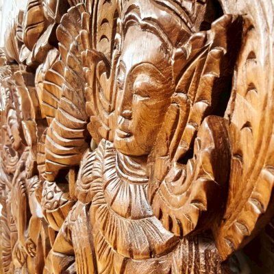 Apsara in Wai Posture on Elephant Wood Carving Panel Pair (120 cm)