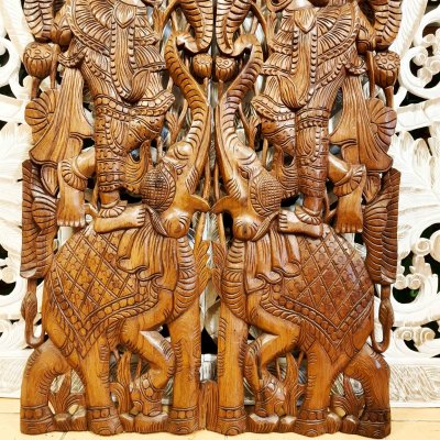 Apsara in Wai Posture on Elephant Wood Carving Panel Pair (120 cm)
