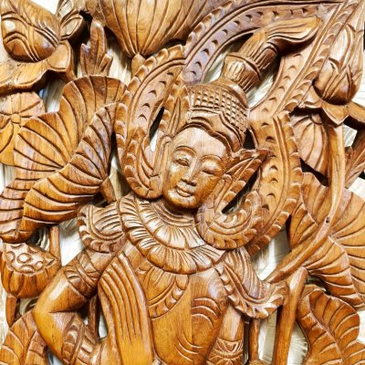 Apsara in Wai Posture on Elephant Wood Carving Panel Pair (120 cm)