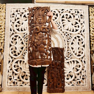 Thai Apsara in Wai (Sawasdee/Praying Hands) Wood Carving Pair 120cm