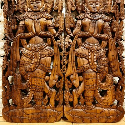 Thai Apsara in Wai (Sawasdee/Praying Hands) Wood Carving Pair 120cm