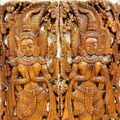 Thai Apsara in Wai (Sawasdee/Praying Hands) Wood Carving Pair 120cm
