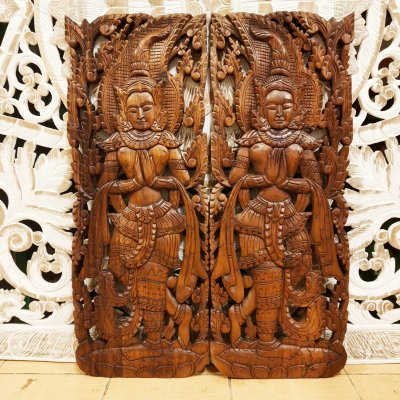 Thai Apsara in Wai (Sawasdee/Praying Hands) Wood Carving Pair 120cm
