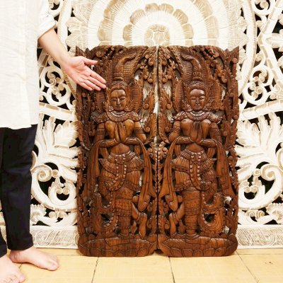 Thai Apsara in Wai (Sawasdee/Praying Hands) Wood Carving Pair 120cm