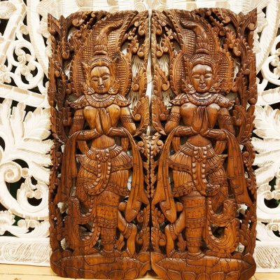 Thai Apsara in Wai (Sawasdee/Praying Hands) Wood Carving Pair 120cm