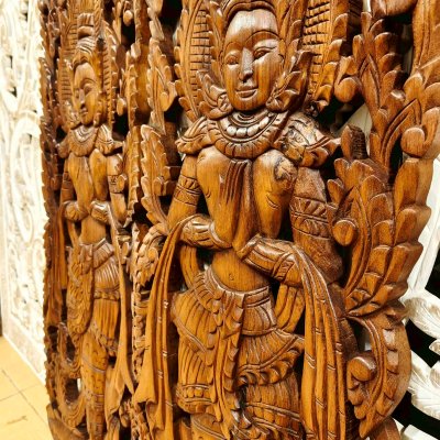 Thai Apsara in Wai (Sawasdee/Praying Hands) Wood Carving Pair 120cm