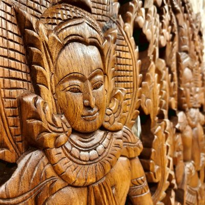 Thai Apsara in Wai (Sawasdee/Praying Hands) Wood Carving Pair 120cm