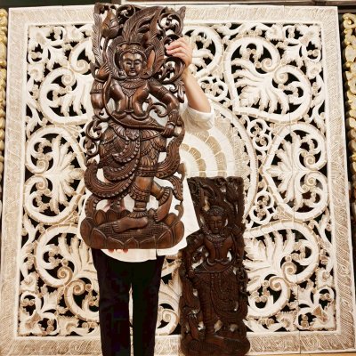 Dancing Apsara Holding Lotus Wood Carving Panel Pair