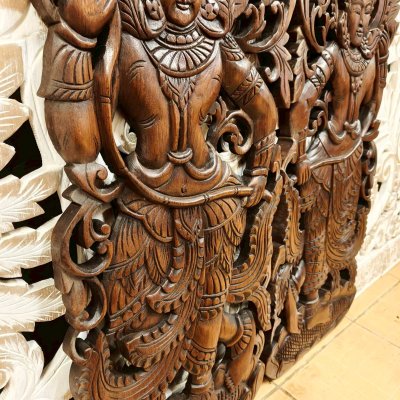 Dancing Apsara Holding Lotus Wood Carving Panel Pair