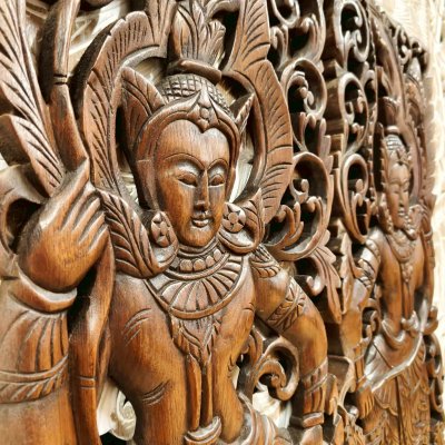 Dancing Apsara Holding Lotus Wood Carving Panel Pair